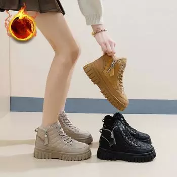 Женские повседневные зимние ботинки, ботильоны на толстой платформе со шнуровкой, зимние теплые короткие ботинки с подкладкой из искусственного меха, высокие кроссовки для ходьбы для женщин 35 чёрный