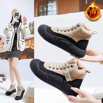 Женские повседневные зимние ботинки, нескользящие ботинки на шнуровке, массивная платформа, ботильоны с подкладкой из искусственного меха, зимние теплые высокие кроссовки для ходьбы для женщин 35 чёрный