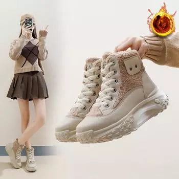 Женские повседневные зимние ботинки, нескользящие ботинки на шнуровке, массивная платформа, ботильоны с подкладкой из искусственного меха, зимние теплые короткие ботинки, кроссовки для женщин 35 бежевый