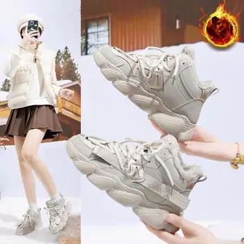 Женские повседневные зимние ботинки, нескользящие ботинки на шнуровке, массивная платформа, ботильоны с подкладкой из искусственного меха, зимние теплые короткие ботинки, кроссовки для женщин 35 чёрный