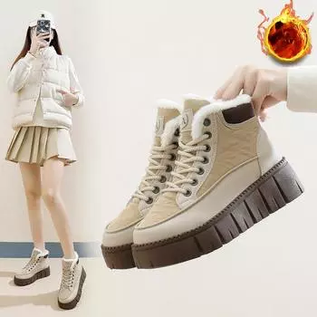 Женские повседневные зимние ботинки, нескользящие ботинки на шнуровке, массивная платформа, ботильоны с подкладкой из искусственного меха, зимние теплые короткие ботинки, кроссовки для женщин 35 бежевый