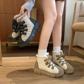 Женские повседневные зимние ботинки с подкладкой из искусственного меха, нескользящие толстые ботинки на толстой платформе, теплые ботинки с флисовой подкладкой, короткие ботинки для ходьбы на шнуровке для женщин 35 бежевый