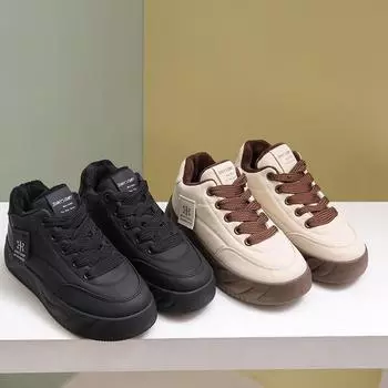 Женские повседневные зимние кроссовки на толстой платформе, нескользящие, со шнуровкой, с подкладкой из искусственного меха, для ходьбы, теплые теннисные кроссовки из искусственной кожи с флисовой подкладкой для женщин 35 чёрный