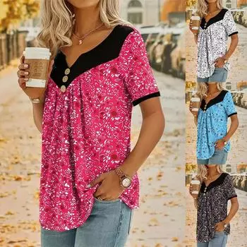 Женские праздничные длинные топы, блузка, женская повседневная свободная футболка с V-образным вырезом и пуговицами, футболка S чёрный