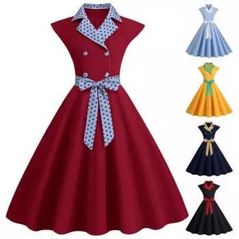 Женские профессиональные платья Ретро с вырезом в горошек в стиле пэчворк, двубортное большое свободное платье S красный