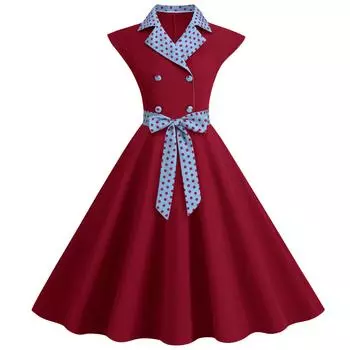 Женские профессиональные платья Ретро с вырезом в горошек в стиле пэчворк, двубортное большое свободное платье M красный