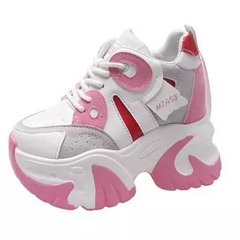 Женские прогулочные кроссовки, осенние туфли на высокой платформе со шнуровкой, дышащая кожаная обувь, повседневная обувь на танкетке 10,5 см 34 розовый