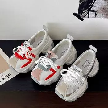 Женские прогулочные кроссовки весна-осень на шнуровке на высокой платформе, толстые неглубокие мокасины, дышащая кожаная танкетка, повседневная обувь 35