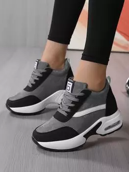 Женские прогулочные кроссовки, высокие туфли на танкетке, туфли на шнуровке, на воздушной подушке, модные кроссовки для девочек с увеличенной внутренней поверхностью, серые 35