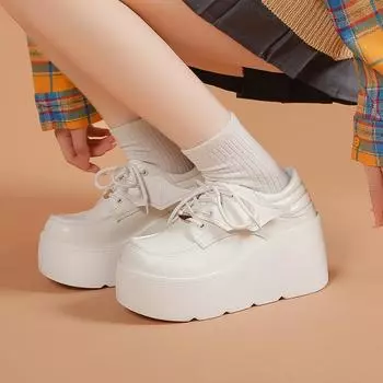 Женские прогулочные осенние туфли на шнуровке с высокой платформой и толстой подошвой, дышащие кожаные туфли, зимняя повседневная обувь на каблуке 10 см 35 чёрный