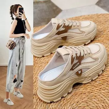 Женские прогулочные туфли без шнуровки, летние легкие кроссовки с открытой спиной, дышащая сетка, повседневные сабо на массивной платформе для женщин, спортивные шлепанцы с закрытым носком 35