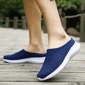 Женские прогулочные туфли-мулы с дышащей сеткой, кроссовки без шнуровки с открытой спиной, женские кроссовки без шнуровки с сеткой, женские удобные домашние тапочки EU:35 синий