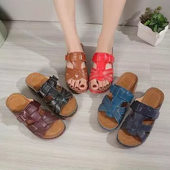 Женские простые босоножки на танкетке, летние сандалии с повседневным вырезом, удобные туфли без шнуровки на платформе 35 красный