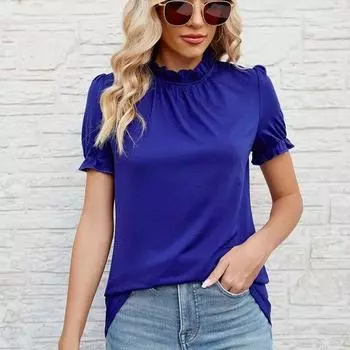 Женские простые футболки с пышными рукавами, весна-лето 2024, плиссированные кружевные футболки с воротником-стойкой, свободные повседневные футболки 30562 S белый