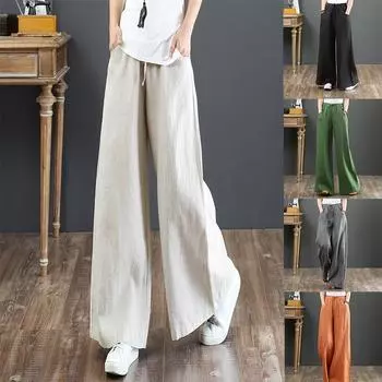 Женские простые хлопковые льняные мешковатые брюки, летние женские повседневные широкие брюки M чёрный