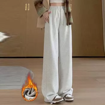 Женские простые модные узкие спортивные брюки с высокой талией, повседневные свободные брюки со шнуровкой и широкими штанинами, утолщенные эластичные брюки с резинкой на талии S чёрный