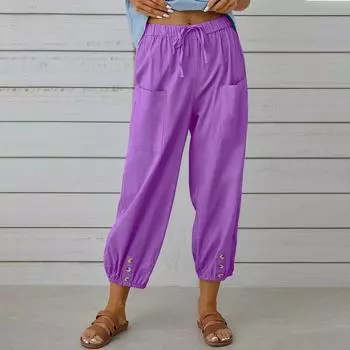 Женские простые повседневные брюки из хлопка и льна, однотонные, с карманами, на шнурке, летние тонкие женские брюки-чинос с эластичной резинкой на талии S фиолетовый