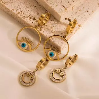 Женские простые серьги-капли «Глаз Дьявола» из нержавеющей титановой стали, серьги-подвески с кристаллами масла и улыбки, геометрические украшения для ушей OneSize белый