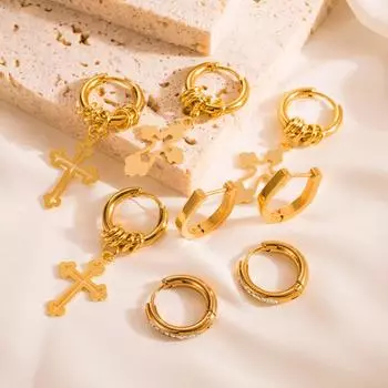 Женские простые серьги-капли с крестом из нержавеющей титановой стали, круглые серьги-подвески с кристаллами, геометрические украшения для ушей OneSize