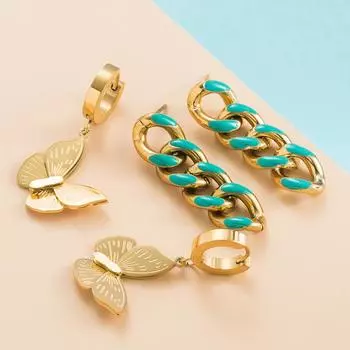 Женские простые серьги-кольца на цепочке, серьги-подвески из нержавеющей титановой стали золотого цвета, геометрические украшения для ушей в форме бабочки OneSize золотой