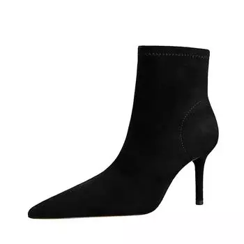 Женские простые замшевые остроносые сексуальные ботильоны на тонком каблуке для ночного клуба, короткие женские короткие ботильоны 11,5 см DS-8888-7 34 чёрный