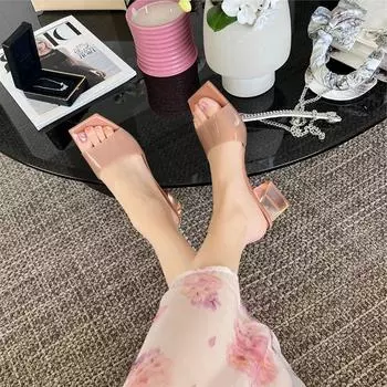 Женские прозрачные босоножки на каблуке с квадратными корнями, лакированные кожаные тапочки с кристаллами, женская летняя модная обувь, размер 35-42 35 фиолетовый