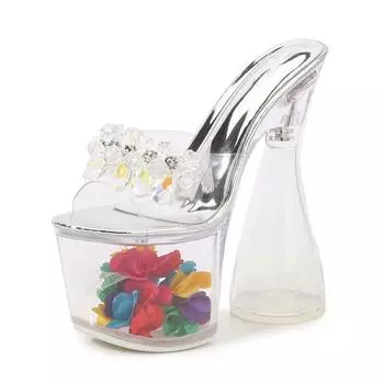 Женские прозрачные босоножки на толстом каблуке с цветочным узором на очень высоком каблуке, прозрачные босоножки на толстой подошве, каблук 17,5 43 серебряный