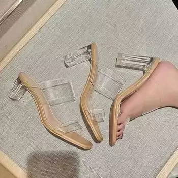 Женские прозрачные босоножки на высоком каблуке, летняя новинка, квадратный носок, женские прозрачные свадебные босоножки из желе серебристого цвета на высоком каблуке 35 серебряный
