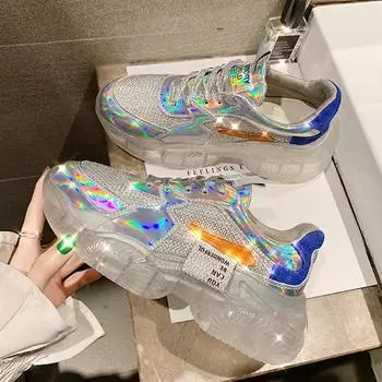 Женские прозрачные кроссовки, женские прозрачные туфли на платформе, повседневная обувь с лазером, блестящая обувь для бега 35 серебряный
