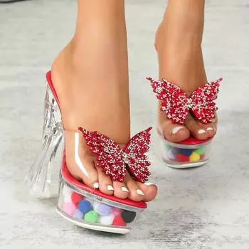 Женские прозрачные летние сексуальные сказочные тапочки на очень высоком каблуке 14 см, толстом каблуке и непромокаемой платформе со стразами LFD-10365-B13 34 красный