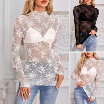 Женские прозрачные сетчатые кружевные топы, сексуальные цветочные вышитые рубашки с длинными рукавами, нижние топы, универсальные прозрачные топы S белый