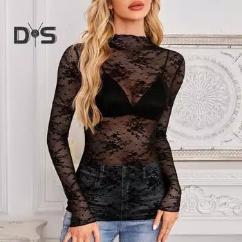 Женские прозрачные сетчатые кружевные топы, сексуальные цветочные вышитые рубашки с длинными рукавами, нижние топы, универсальные прозрачные топы S белый