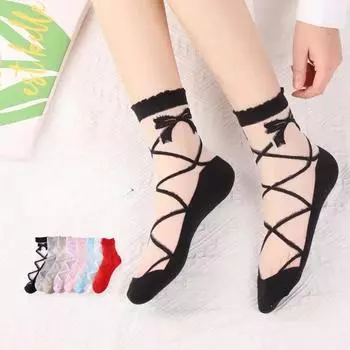 Женские прозрачные сетчатые носки до щиколотки, женские модные короткие носки с бантом и оборкой для девочек на весну и лето белый