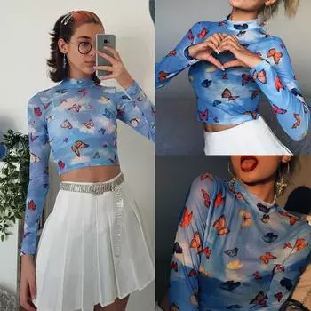 Женские прозрачные сетчатые рубашки в сетку, топы, милые женские топы с принтом ангела, осенние сетчатые топы S