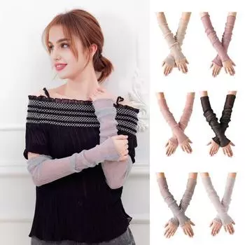 Женские прозрачные сетчатые рукава, длинные, ультратонкие, кружевные перчатки без пальцев, защита от ультрафиолетового излучения, охлаждающая сетчатая тюль, солнцезащитные рукава для улицы серый