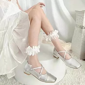 Женские прозрачные шелковые носки с краями лепестков и кружевом с рюшами и кристаллами, ультратонкие стеклянные шелковые носки, милые ремни