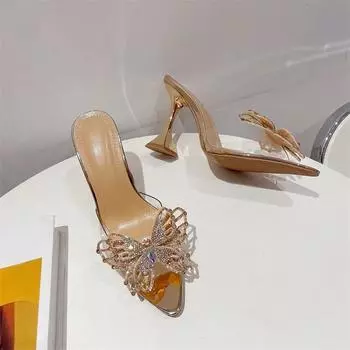 Женские прозрачные тапочки из ПВХ, модные сексуальные летние босоножки с открытым носком и стразами, с бантом, с острым носком, на высоком каблуке, для выпускного вечера 35 золотистый
