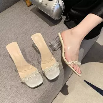 Женские прозрачные тапочки, летние повседневные босоножки с квадратным носком, туфли на высоком каблуке с открытым носком и массивным каблуком для вечеринок, Zapatos De Mujer 35