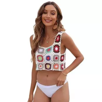 Женские прозрачные укороченные топы без рукавов с квадратным вырезом и цветочным принтом, связанные крючком L белый