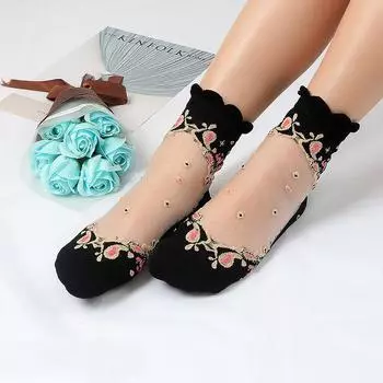 Женские прозрачные забавные носки с цветочным принтом, летние и весенние шелковые эластичные короткие носки с хрустальным стеклом Black