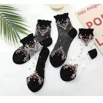 Женские прозрачные забавные носки с цветочным принтом, летние и весенние шелковые эластичные короткие носки с хрустальным стеклом one size