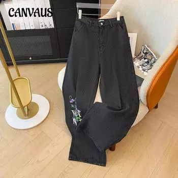 Женские прямые брюки из денима с высокой талией и принтом больших размеров, весенне-осенний стиль, стильные джинсы для поездок на работу 2XL черный серый