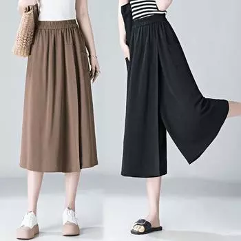 Женские прямые брюки-палаццо с высокой талией, летние брюки с широкой юбкой с эластичной резинкой на талии и разрезом M чёрный