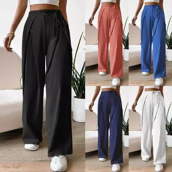 Женские прямые брюки с высокой талией на пуговицах, повседневные однотонные широкие брюки L чёрный