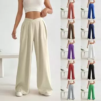 Женские прямые брюки с высокой талией, повседневные однотонные широкие брюки с боковой молнией M синий
