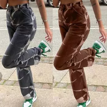 Женские прямые брюки с высокой талией, свободные карманы на молнии, брюки с принтом тай-дай, джинсы S серый