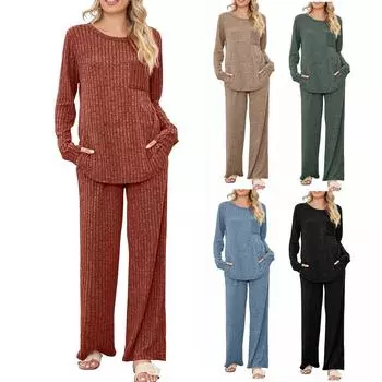 Женские прямые брюки, темперамент, свободный круглый вырез, воротник в полоску, вязаный комплект из двух предметов, небольшой карман на груди L чёрный