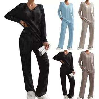 Женские прямые брюки, темперамент, свободный, с V-образным вырезом, однотонный вязаный комплект из двух предметов L хаки