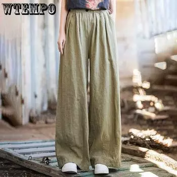 Женские прямые брюки, весенние и летние, свободные повседневные брюки с высокой талией, брюки в пол из хлопка и льна в стиле ретро M