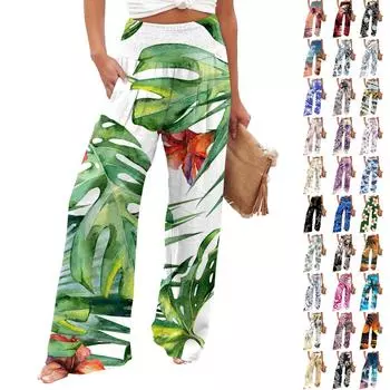 Женские прямые брюки, женские брюки с эластичной резинкой на талии, свободные повседневные брюки с принтом и карманами M